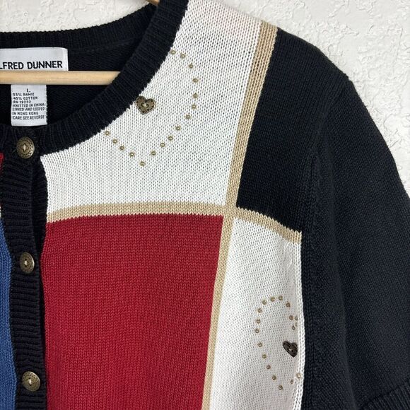 Vintage Alfred Dunner Womens Patchwork Button Up Sweater Large Red White Hearts - Picture 2 of 7